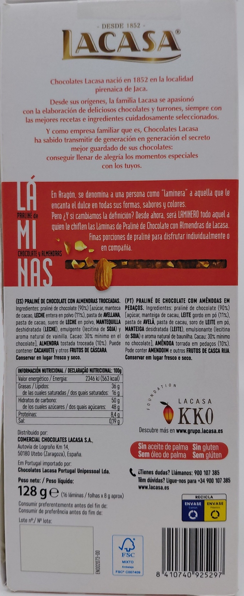 Láminas Praliné Chocolate y Almendras 128 g LACASA
