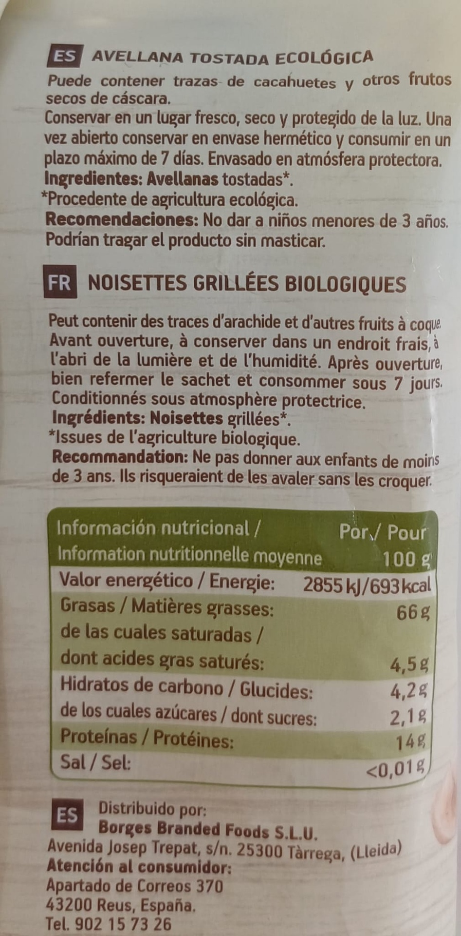 Avellanas Tostadas Ecológicas 100 g BORGES NATURA
