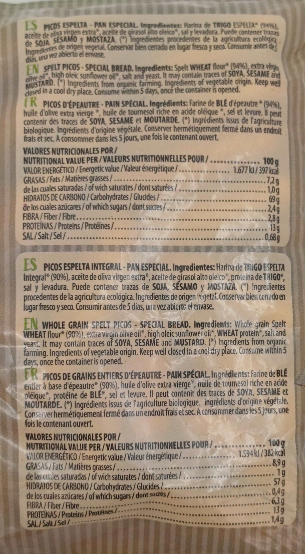 Bolsa Picos Harina Trigo Espelta Bio Vegano 150 g MASTRIGO