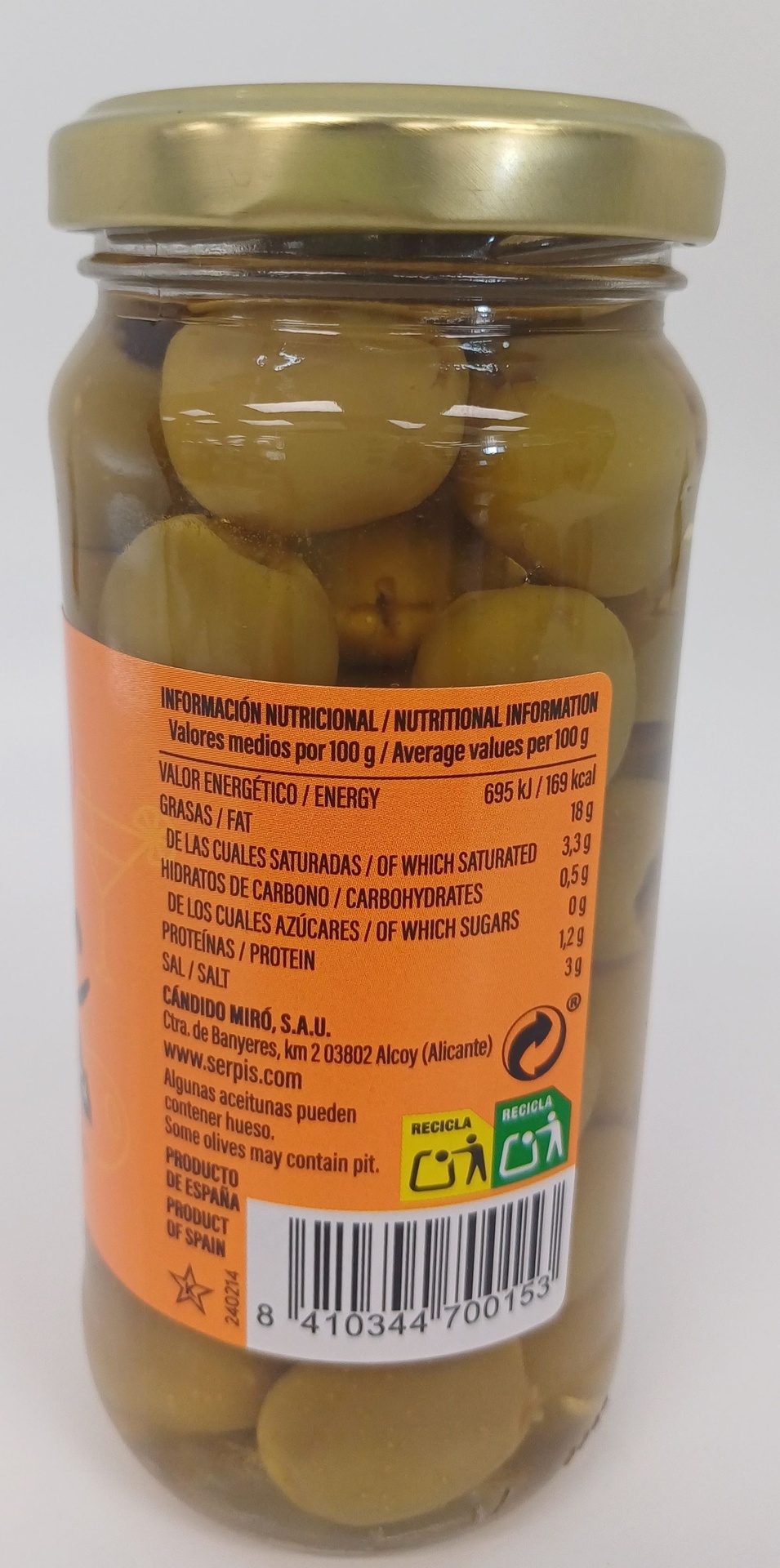 Tarro Aceitunas Hojiblanca Verdes sin Hueso 235 g Neto SERPIS 
