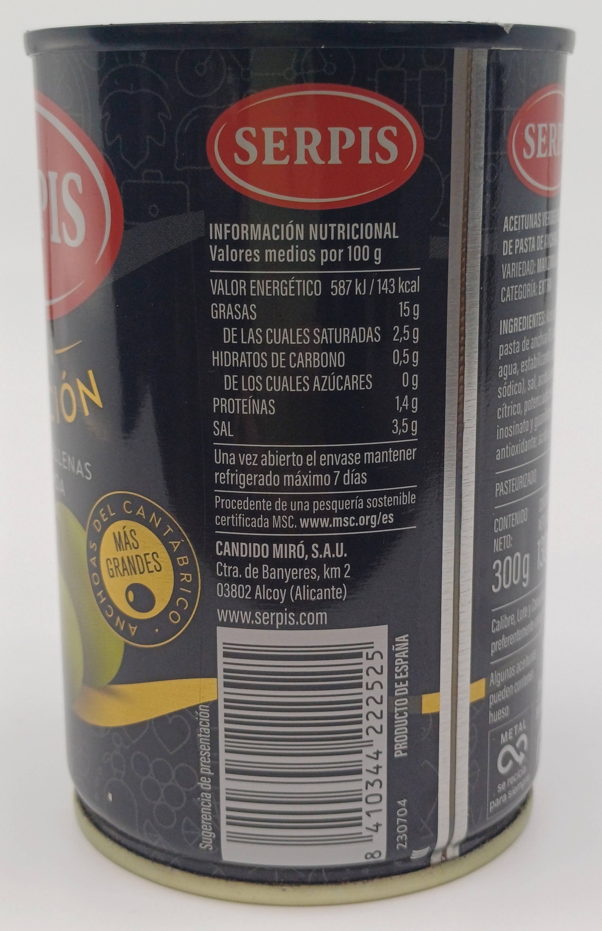 Lata Aceitunas Manzanilla Gran Selección Rellenas Anchoa 300 g Neto SERPIS