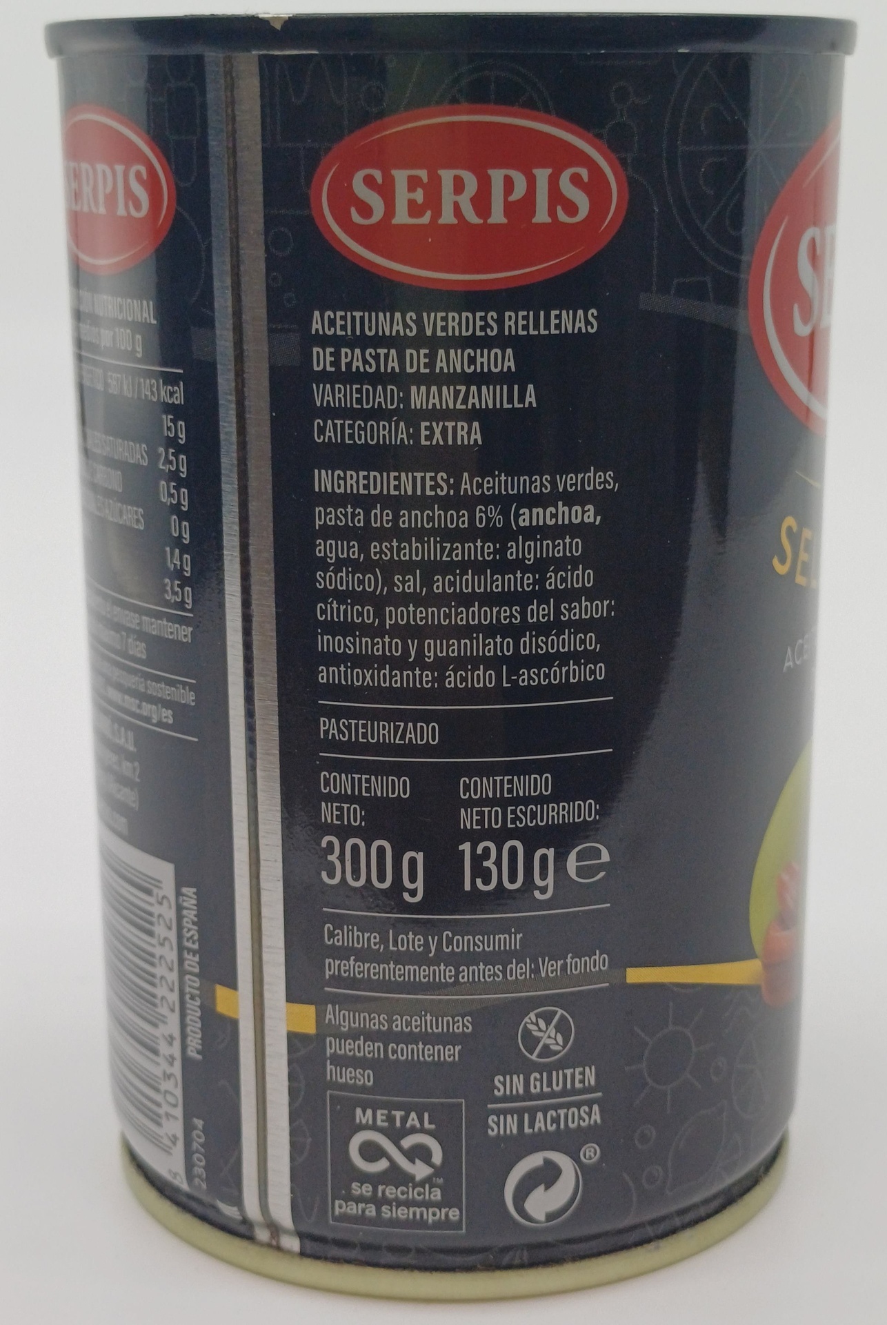 Lata Aceitunas Manzanilla Gran Selección Rellenas Anchoa 300 g Neto SERPIS