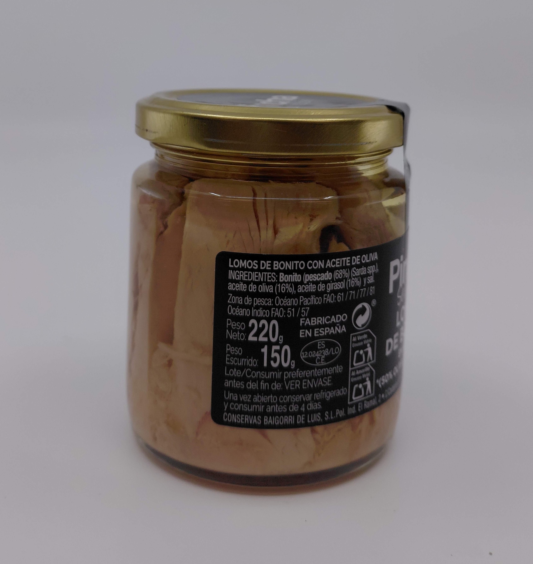 Tarro Lomos de Bonito en Aceite (50% Oliva - 50% Girasol) 220 g Neto PINCHA SELECCIÓN de Conservas Baigorri