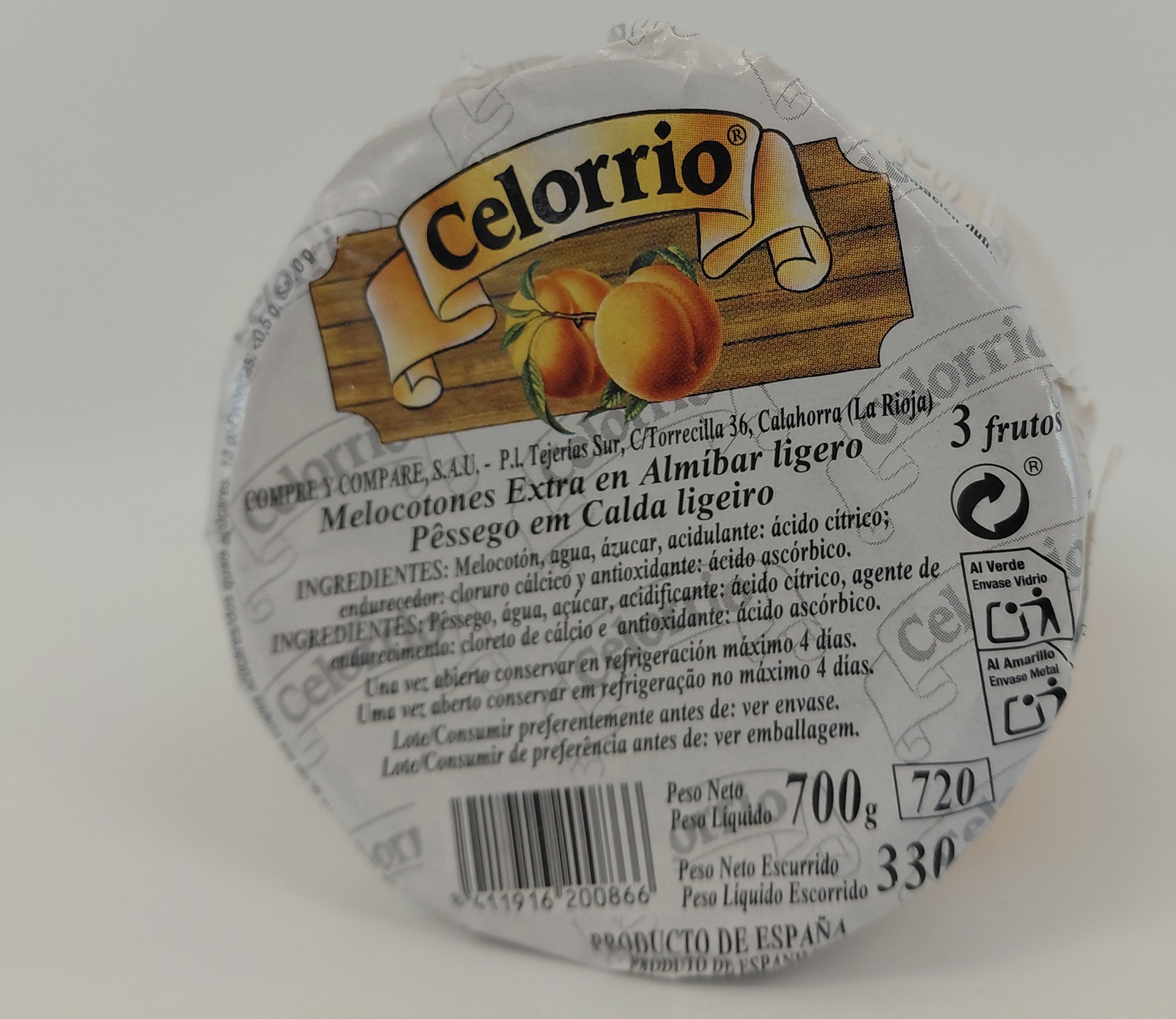 Tarro Melocotón Entero Almíbar 700 g Neto CELORRIO