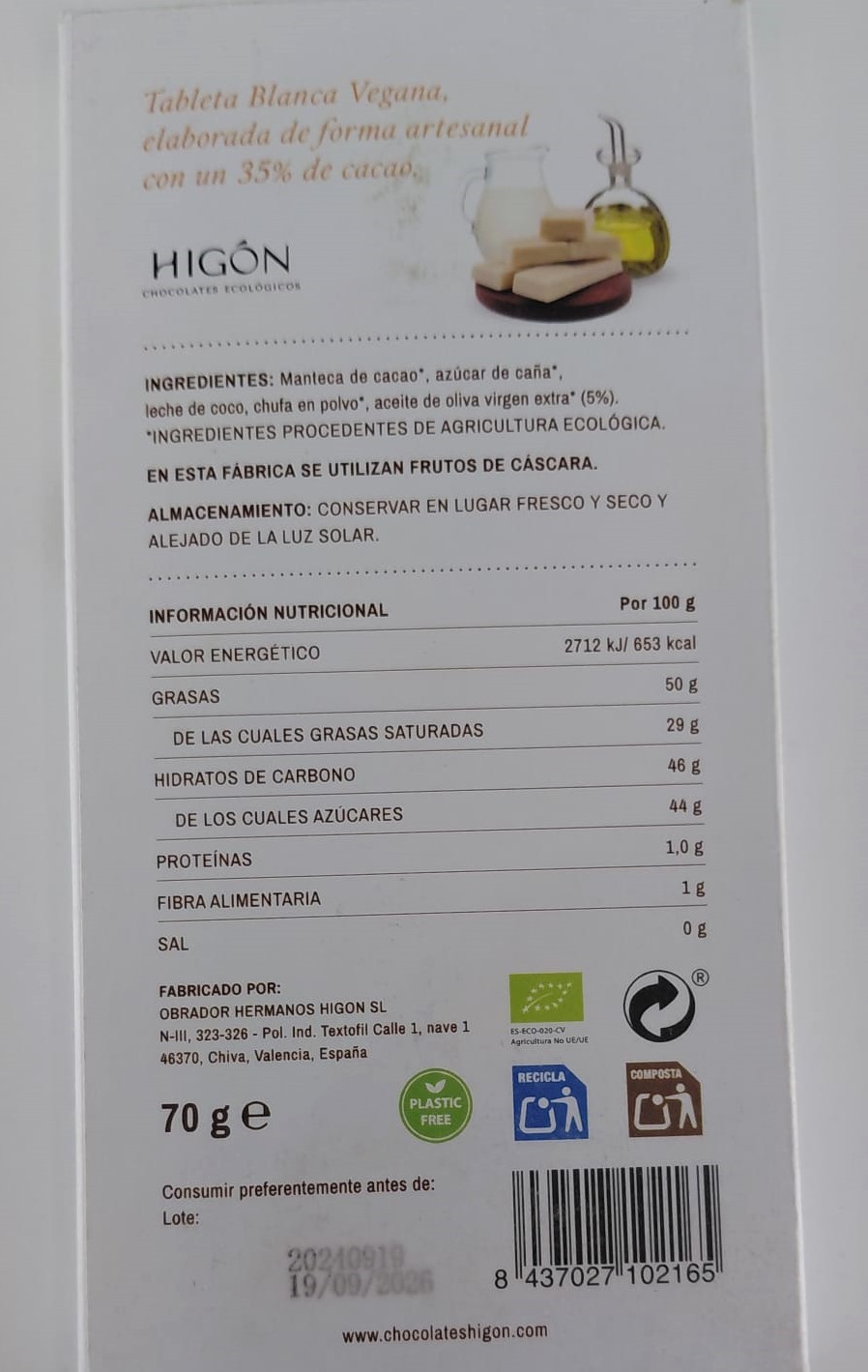 Tableta Chocolate Blanco Vegano 35 % Cacao Ecológico 70 g HIGÓN