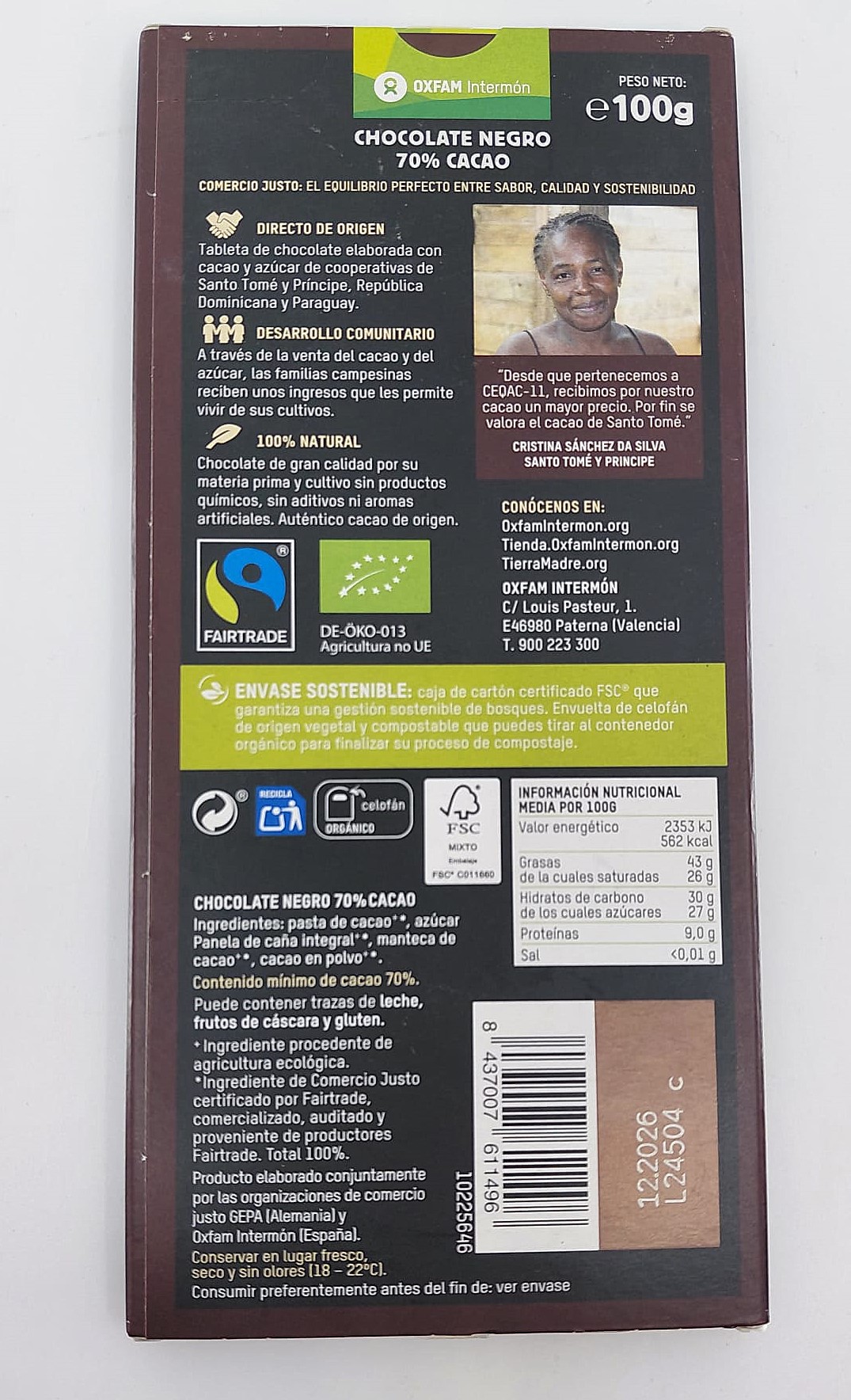 Tableta Chocolate Negro 70% Bio 100 g OXFAM INTERMÓN