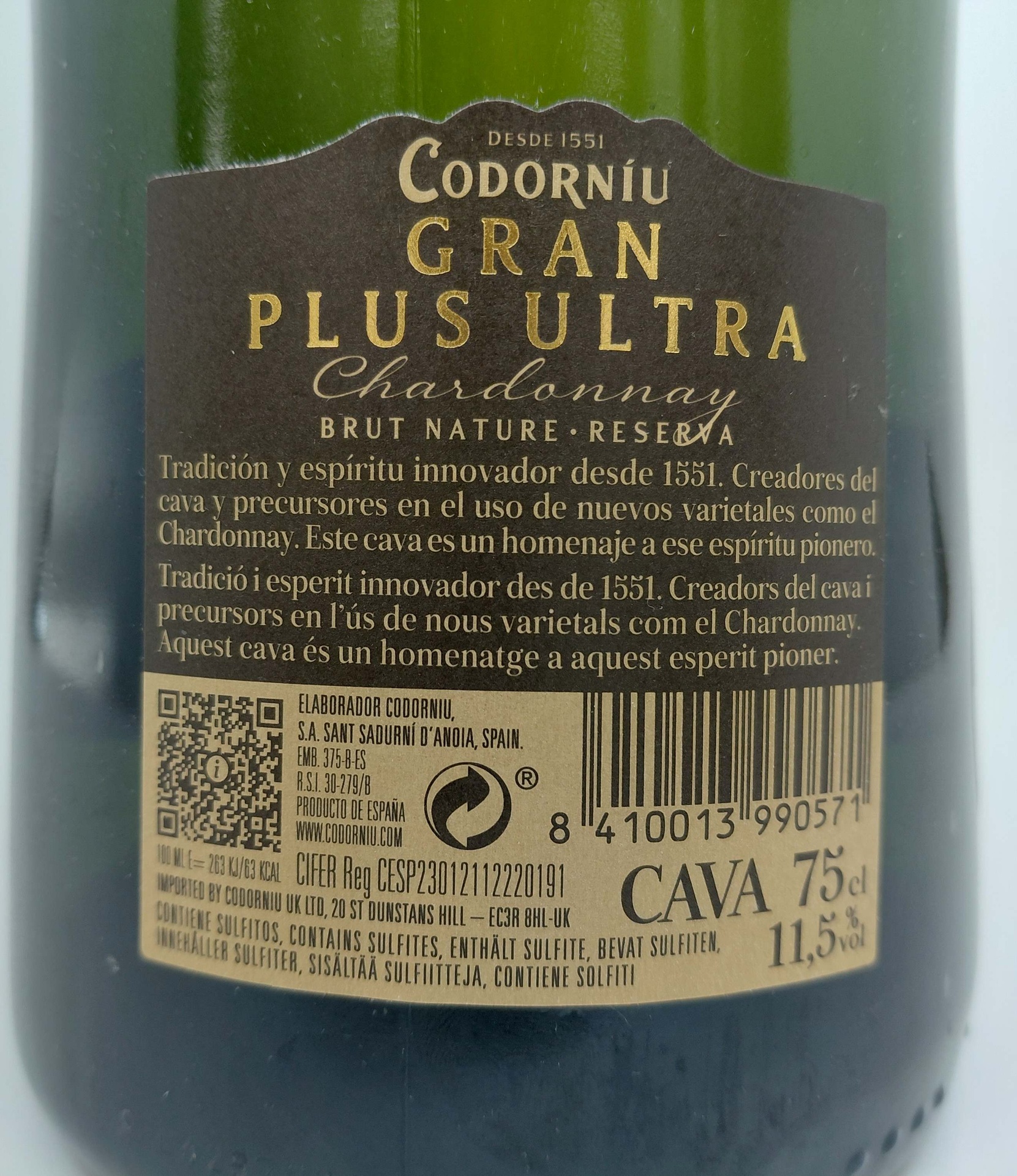 Cava CODORNIU GRAN PLUS ULTRA Chardonnay Brut Nature Reserva