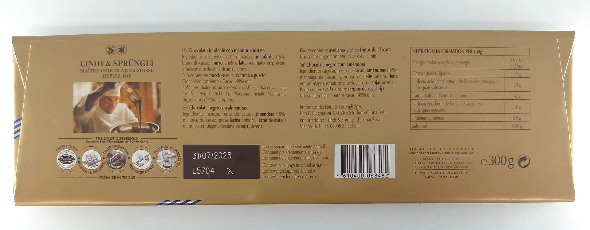 Lingote Chocolate Negro y Almendras 300 g LINDT ORO