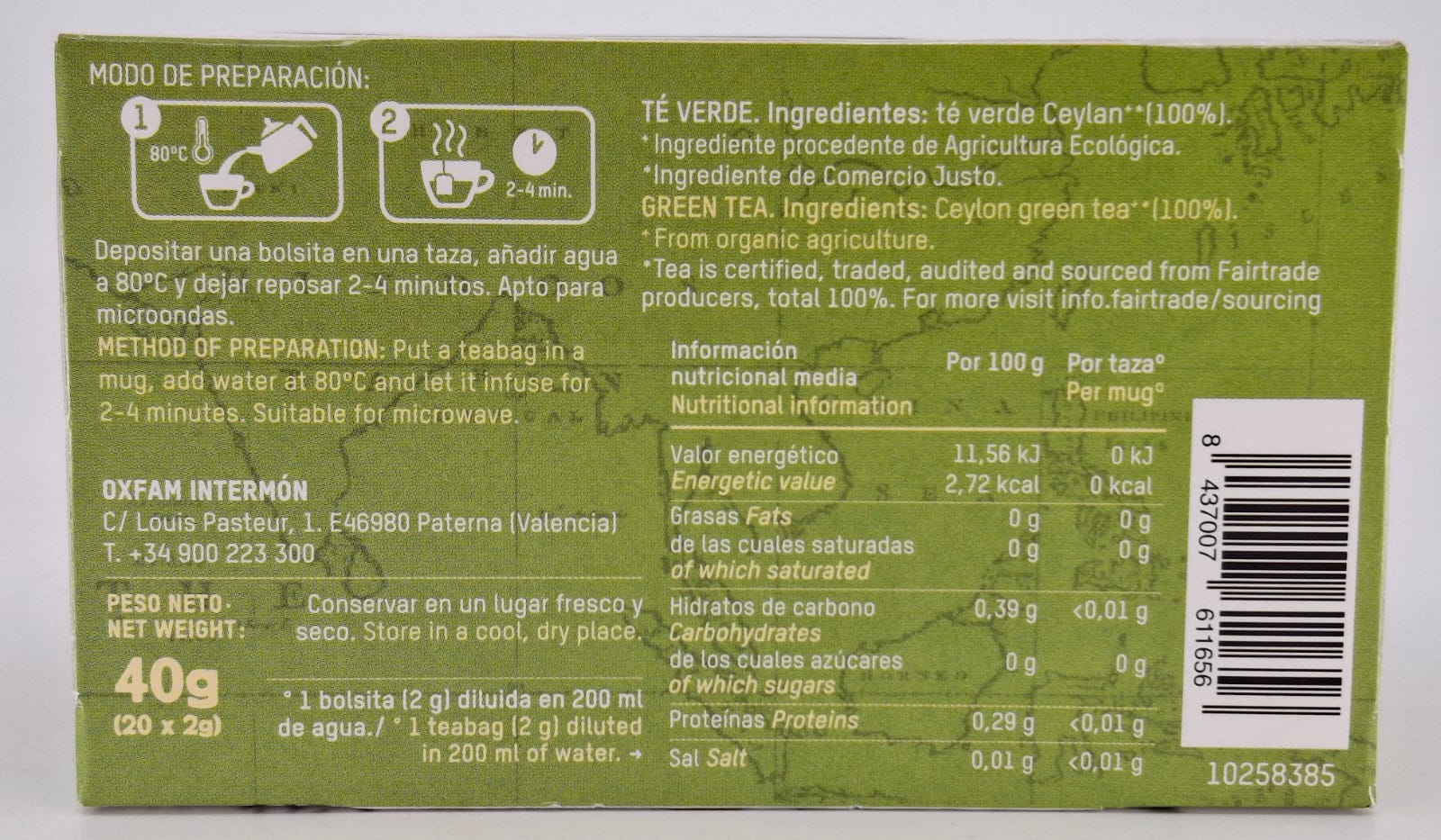 Paquete Té Verde Bio 20 Unidades OXFAM INTERMÓN