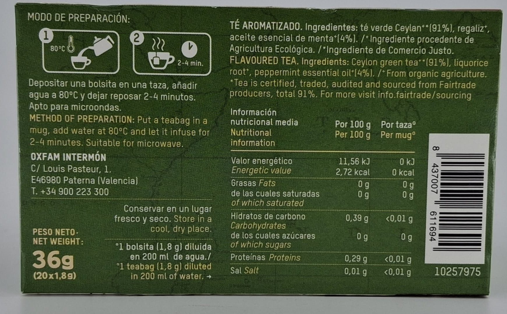Paquete Té Verde Menta Bio 20 Unidades OXFAM INTERMÓN