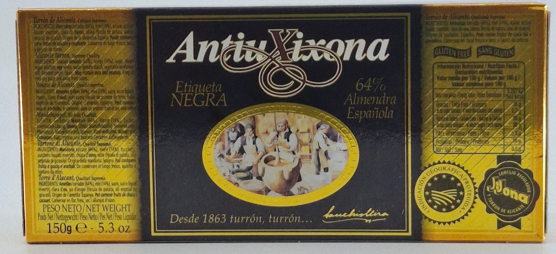 Turrón Alicante Etiqueta Negra (64% Almendra) 150 g ANTIU XIXONA