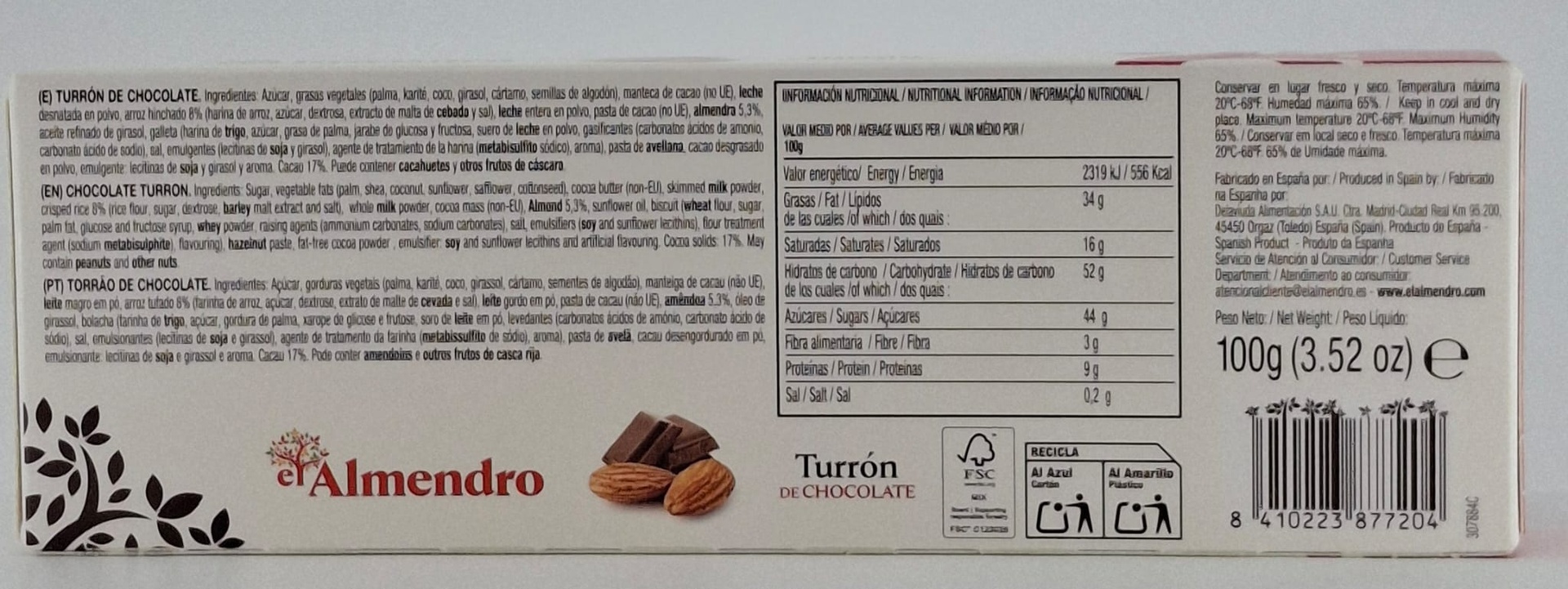 Turrón Chocolate Crujiente 100 g EL ALMENDRO Calidad Suprema