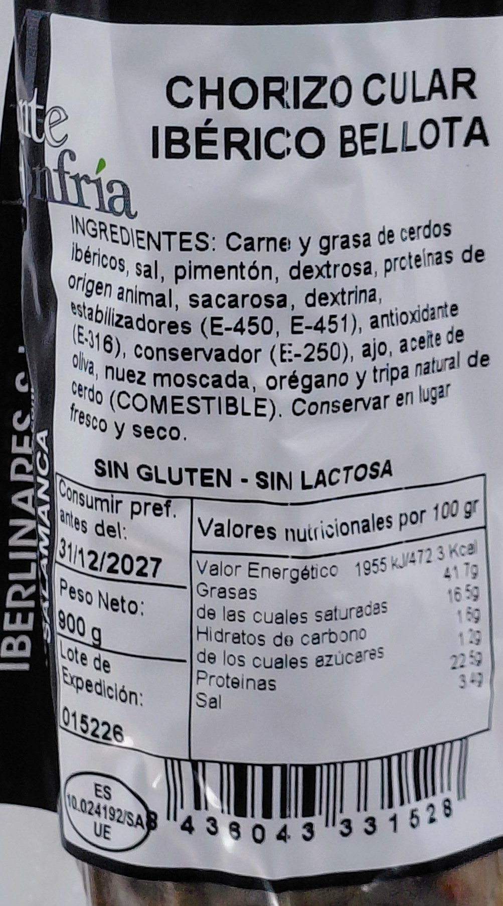 Chorizo Ibérico de Bellota Cular 900 g aprox. MONTEHONFRÍA (Salamanca)