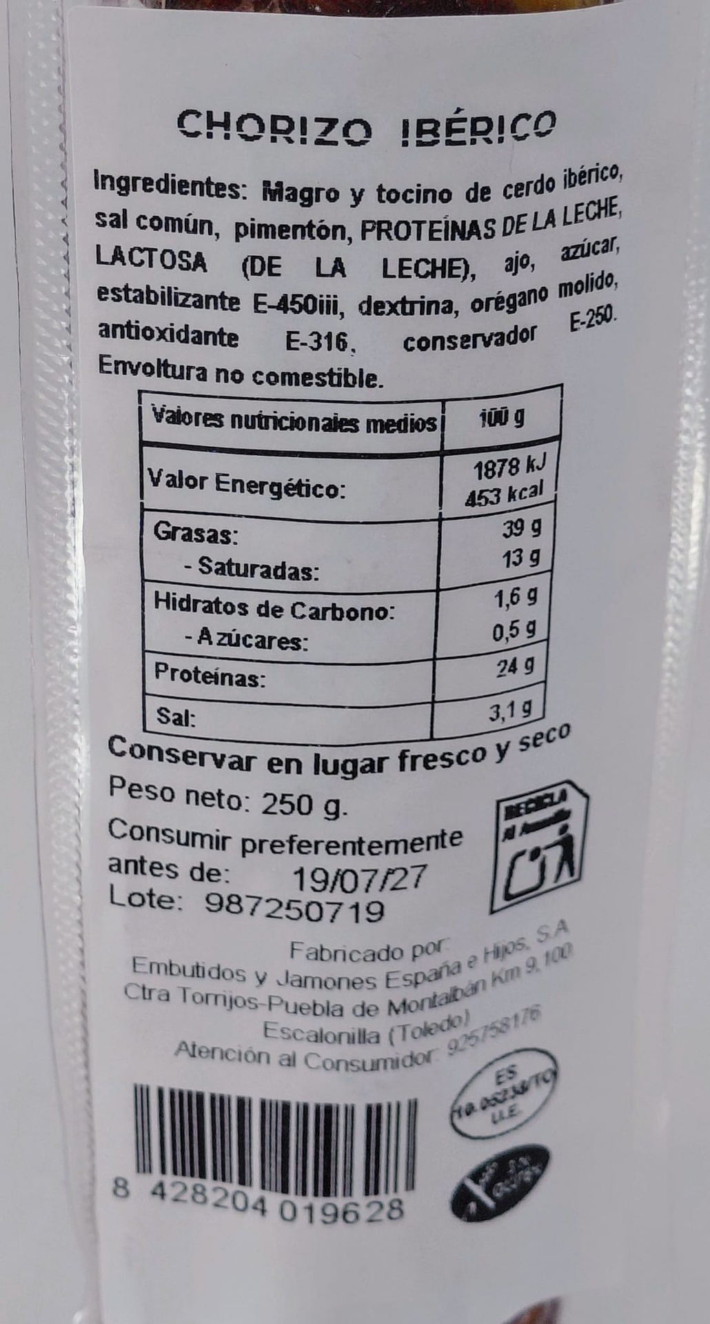 Chorizo Ibérico 250 g aprox. SECRETO TERRA
