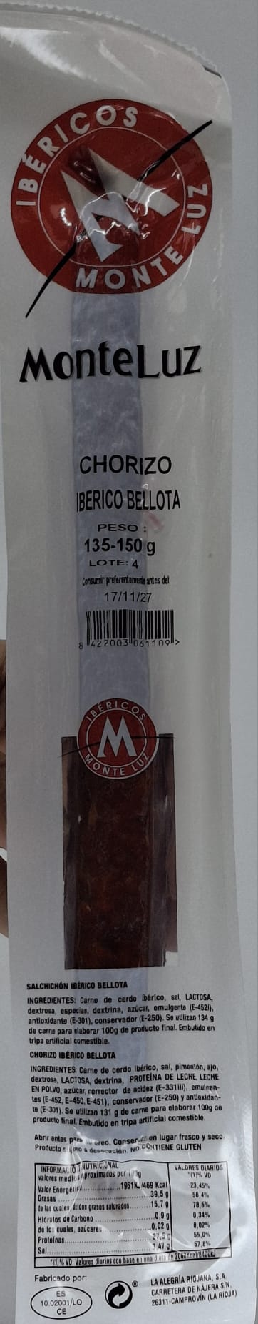 Chorizo Ibérico de Bellota Cular 450 g aprox. MONTELUZ