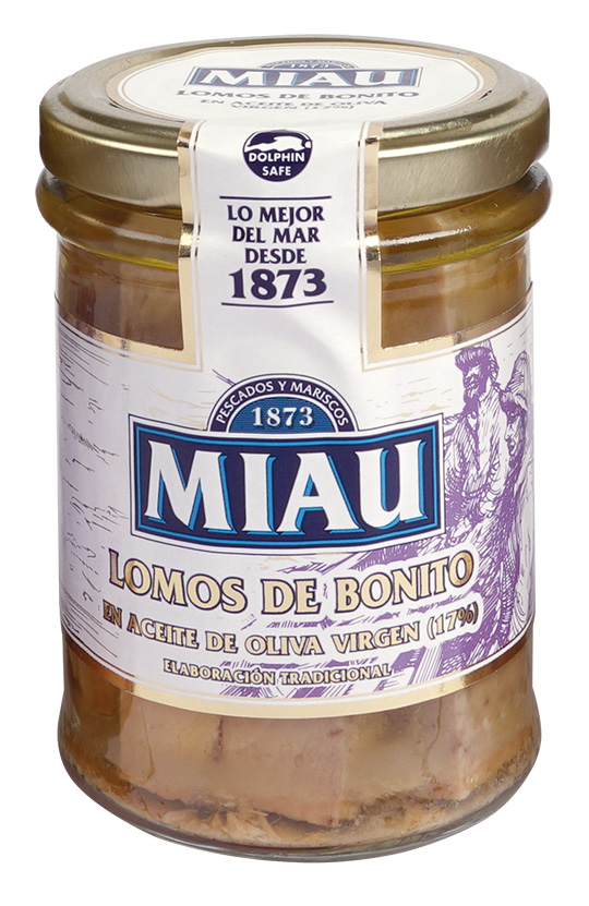 Tarro Lomos de Bonito en Aceite de Oliva Virgen 212 ml 190 g Neto MIAU