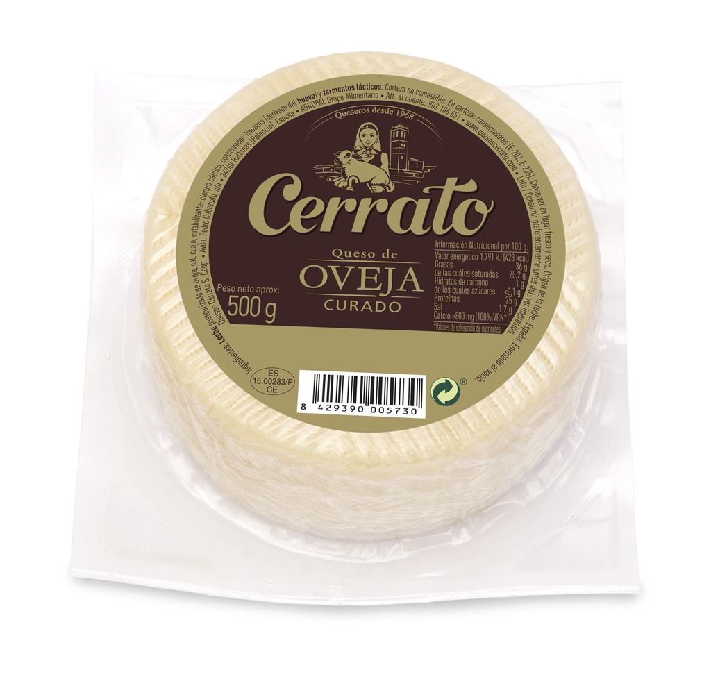 Pieza Entera Queso Curado 100 % Oveja 450 g aprox. CERRATO